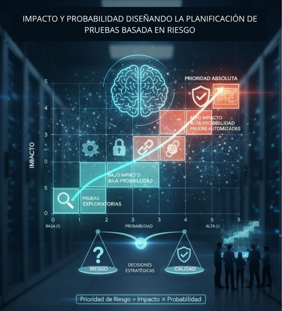 Ilustración que muestra una matriz de impacto y probabilidad, representando la planeación de pruebas basada en riesgos en el desarrollo de software.
