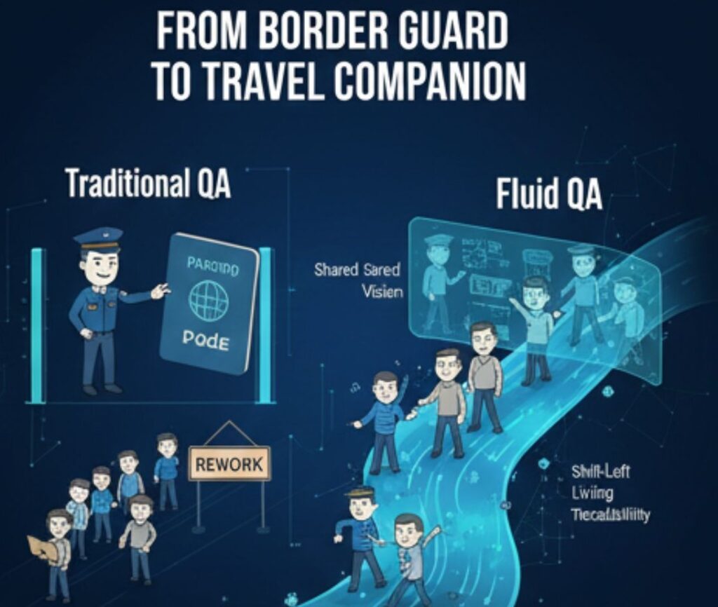 Illustration of quality in software development shown as a flowing river that represents continuous improvement and collaboration