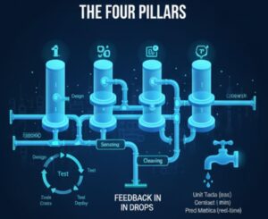 Illustration of quality in software development shown as a flowing river that represents continuous improvement and collaboration
